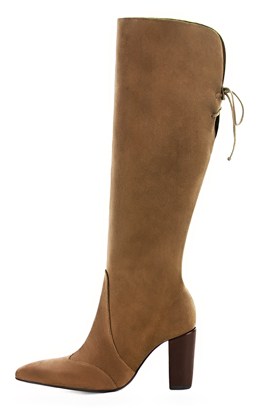 Caramel brown women's knee-high boots, with laces at the back. Tapered toe. Very high block heels. Made to measure. Profile view - Florence KOOIJMAN